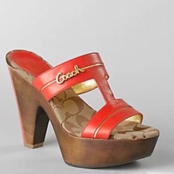 Coach Jonah open toe orange leather straps brown wood platform chunky cone heels - Picture 1 of 12